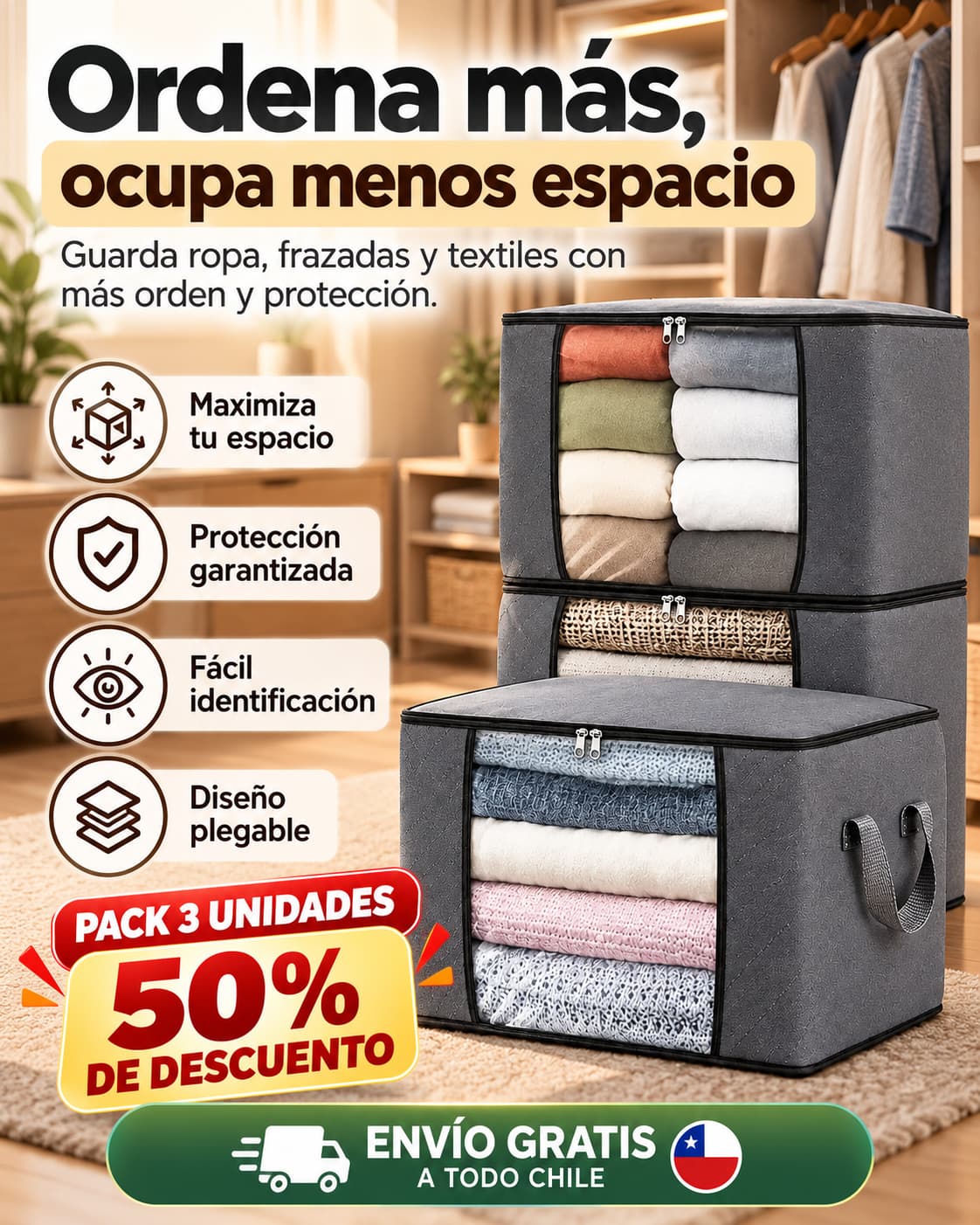 PACK 3 BOLSAS ORGANIZADORAS 90L, TELA REFORZADA