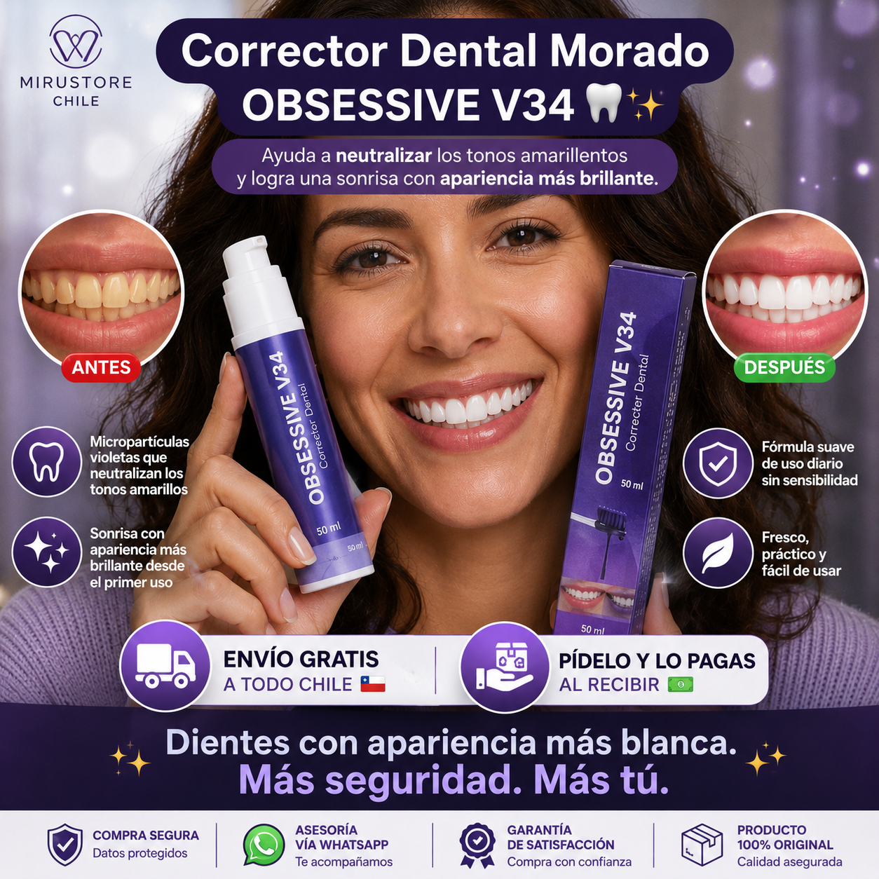 💜 Corrector Dental Morado Obsessive v34 | Sonrisa Más Brillante Desde el Primer Uso