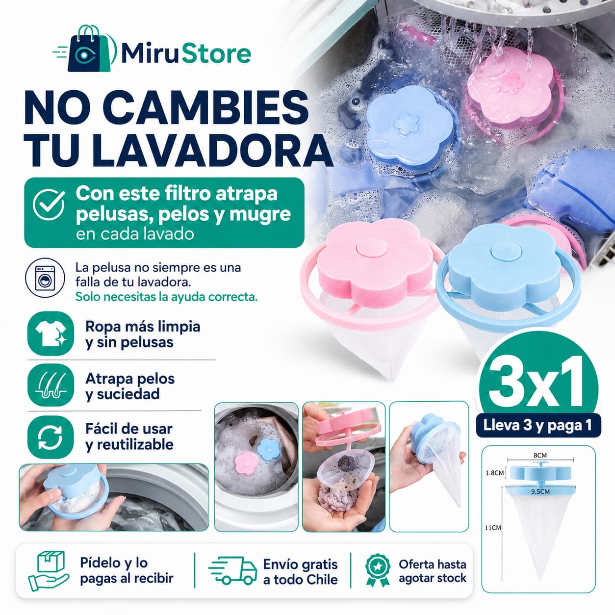 Filtro Atrapa Pelusas y Mugre 3x1 | Una Ayuda Extra Para Tu Lavadora